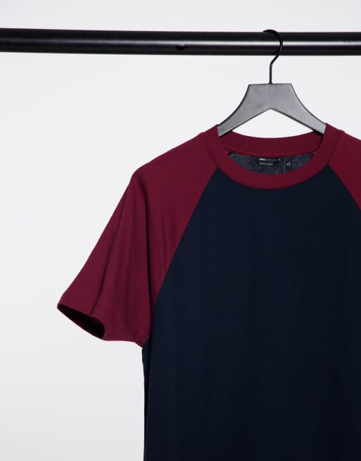 ASOS DESIGN - T-shirt con maniche raglan a contrasto blu navy e bordeaux, 4 di 4