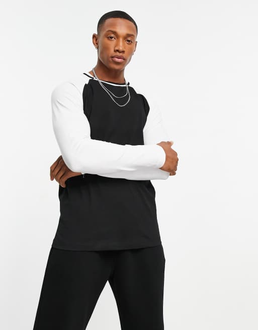 ASOS DESIGN - T-shirt con maniche raglan lunghe nera con scollo a contrasto