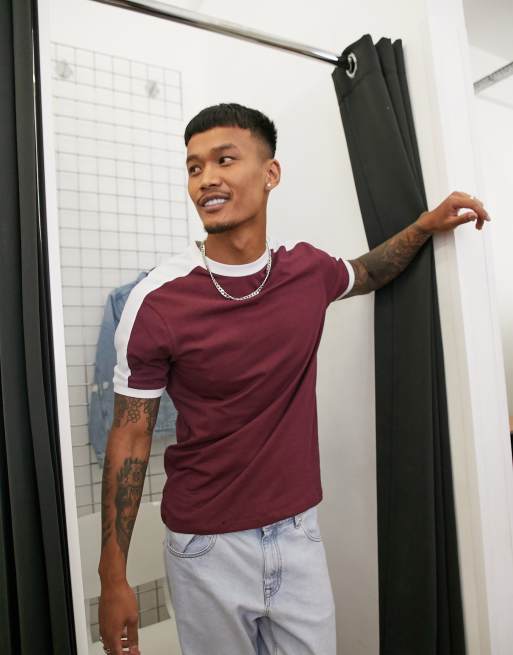 ASOS DESIGN - T-shirt con pannello a contrasto sulle spalle bordeaux, 3 di 4