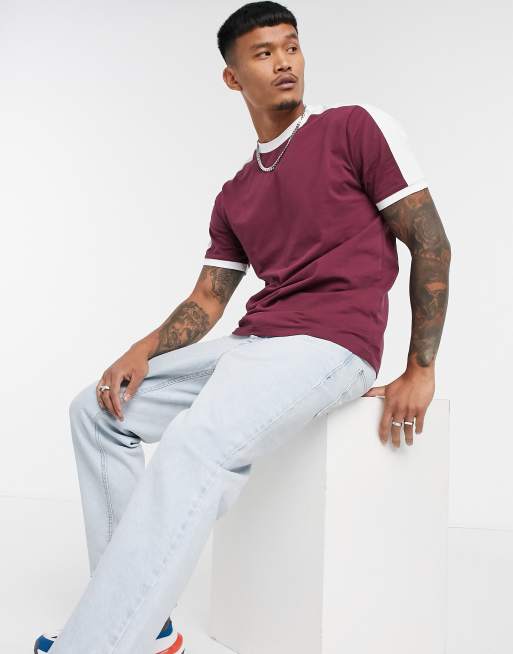 ASOS DESIGN - T-shirt con pannello a contrasto sulle spalle bordeaux, 4 di 4