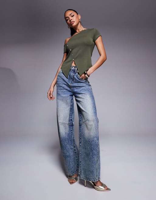ASOS DESIGN - T-shirt con spalla scoperta kaki in tessuto cupro con bottoni, 3 di 4