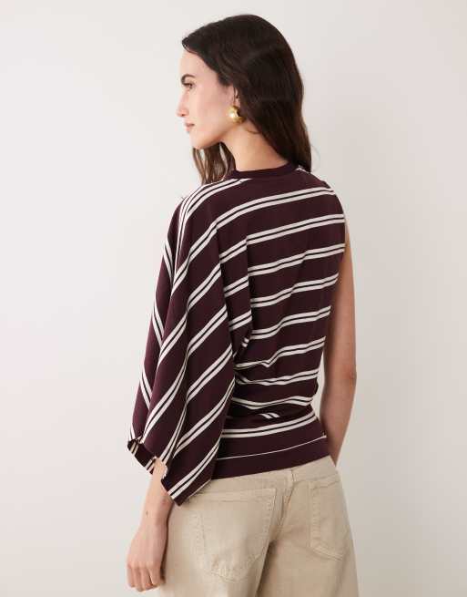 ASOS DESIGN t-shirt con spalle scoperte e mantella a righe bordeaux e bianche, 3 di 4