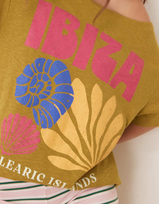 ASOS DESIGN - T-shirt con spalle scoperte verde con stampa “Ibiza”, 3 di 4