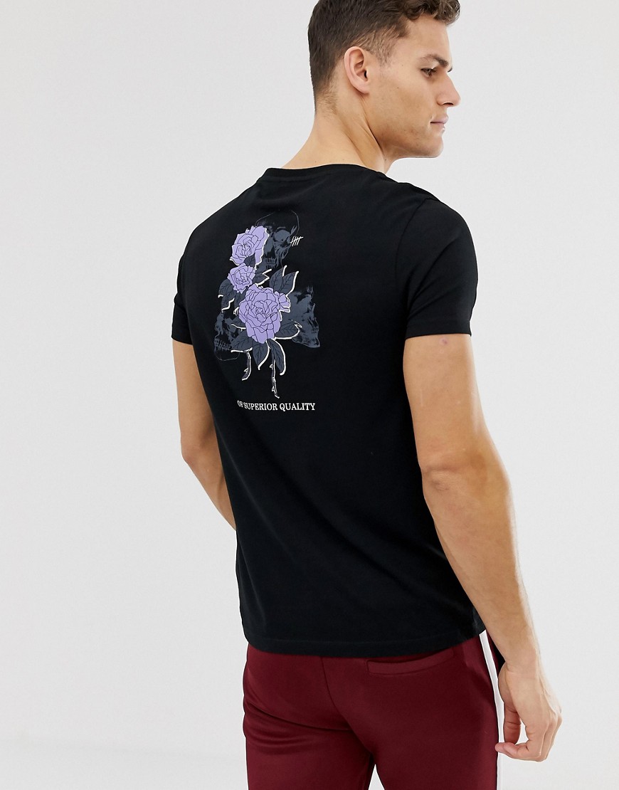 ASOS DESIGN - T-shirt con stampa a fiori sul retro e scollo rotondo-Nero