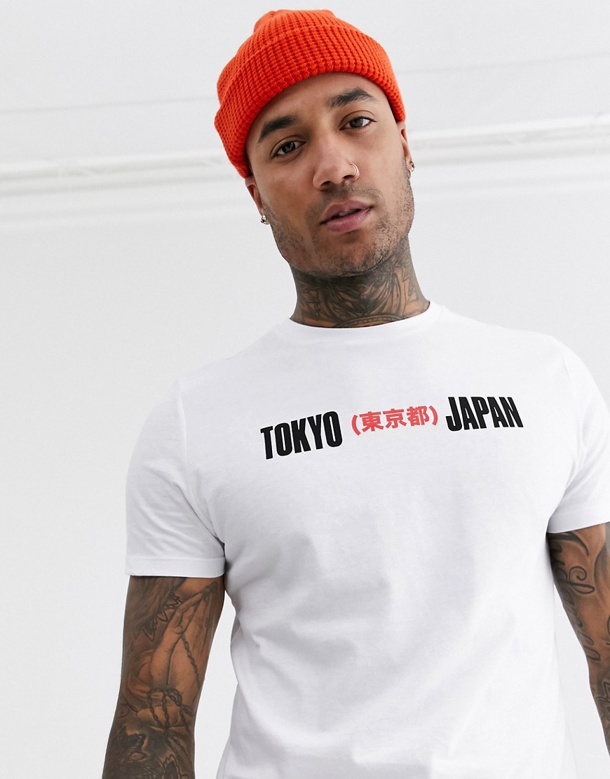 ASOS DESIGN - T-shirt con stampa giapponese sul petto-Bianco