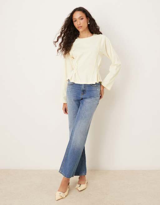 ASOS DESIGN - T-shirt corseté à manches longues et surpiqûres - Crème, 3 de 4