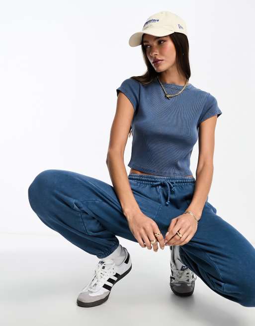 ASOS DESIGN - T-shirt corta a coste blu denim slavato in coordinato