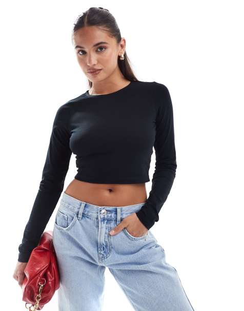 ASOS DESIGN - T-shirt corta aderente a maniche lunghe nera - view 1