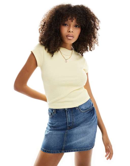 ASOS DESIGN - T-shirt corta aderente color latticello a nido d'ape