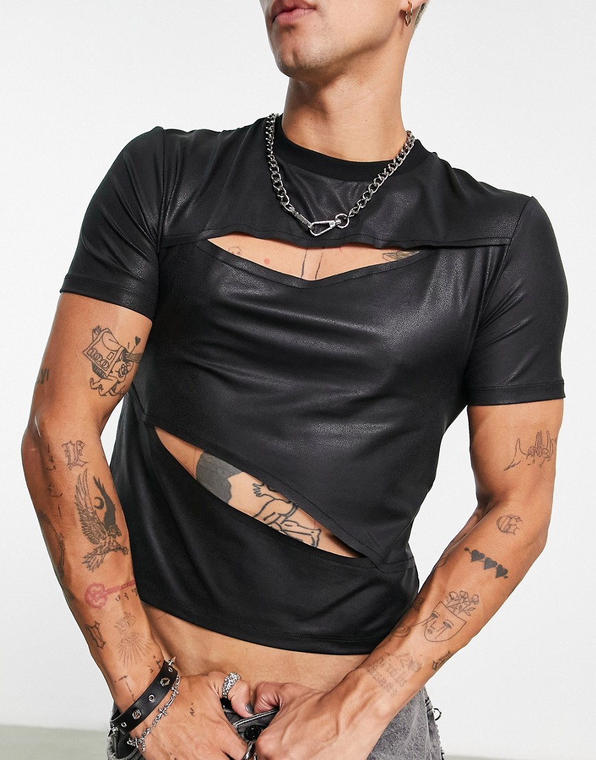 T-shirt corta attillata nera in tessuto spalmato con cut-out sul davanti-Nero - ASOS DESIGN T-shirt donna  - immagine2
