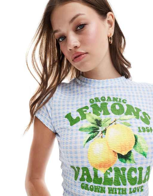 ASOS DESIGN - T-shirt corta blu a quadretti con stampa di limoni, 2 di 4