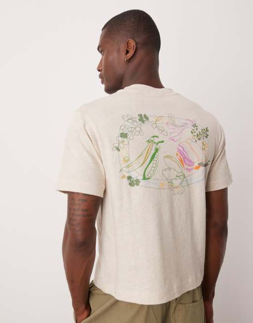 ASOS DESIGN - T-shirt corta comoda in misto lino color crema con grafica di cibo