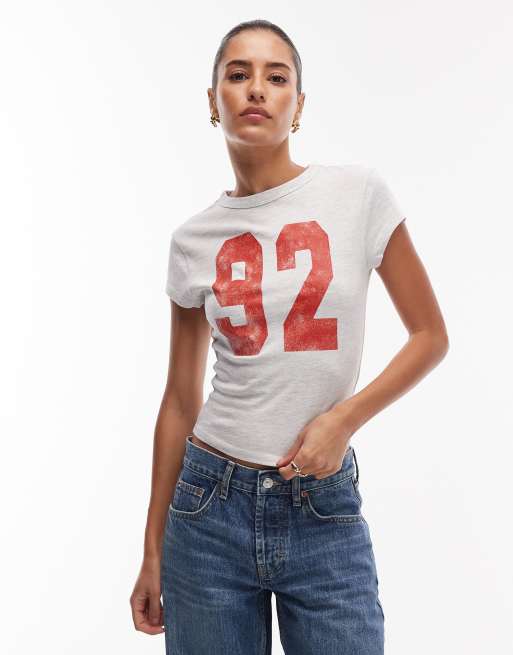 ASOS DESIGN - T-shirt corta e stretta color ghiaccio mélange a coste con grafica 92