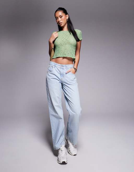 ASOS DESIGN - T-shirt corta e stretta verde a maniche corte in pizzo trasparente, 4 di 4