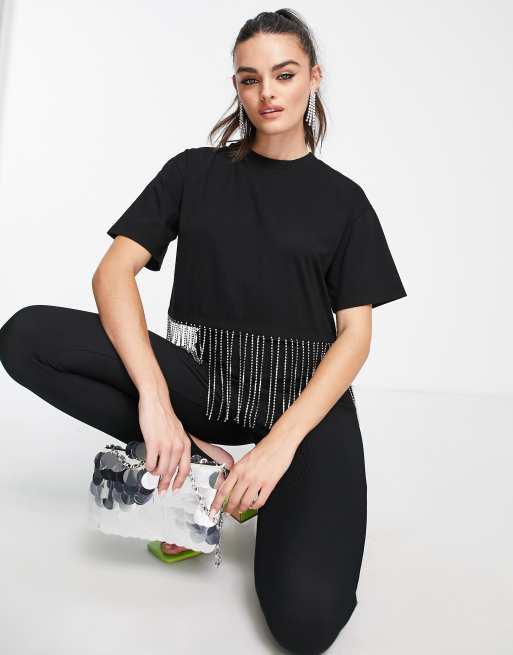 ASOS DESIGN - T-shirt corta nera con fondo a frange con strass, 4 di 4
