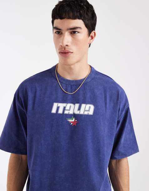 ASOS DESIGN - T-shirt corta oversize pesante color blu navy slavato con grafica Italia - view 1