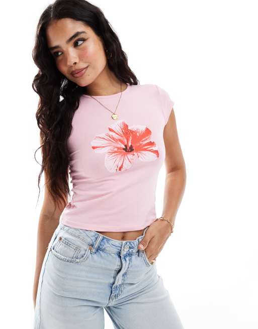 ASOS DESIGN - T-shirt corta rosa chiaro con stampa di ibisco, 2 di 4