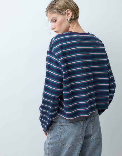 ASOS DESIGN T-shirt corta squadrata a maniche lunghe a righe blu navy e verde petrolio, 2 di 4