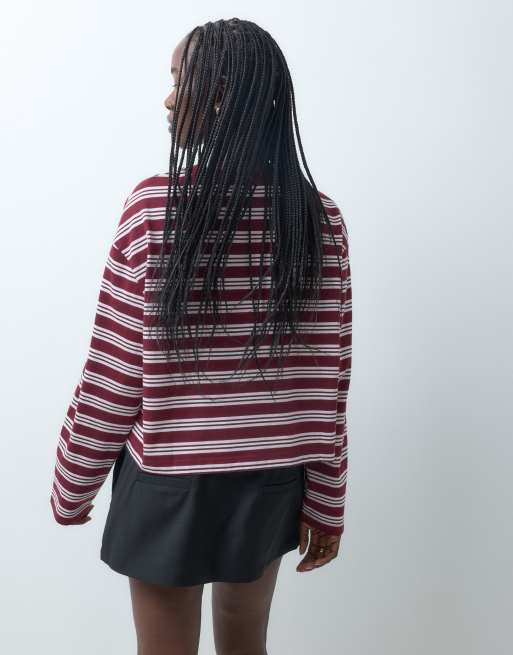 ASOS DESIGN t-shirt corta squadrata a maniche lunghe a righe bordeaux e rosa, 3 di 5