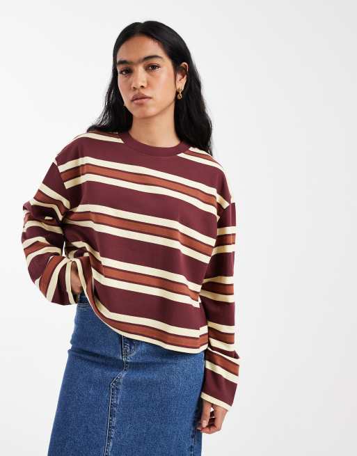 ASOS DESIGN - T-shirt corta squadrata a maniche lunghe a righe color cioccolato neutro