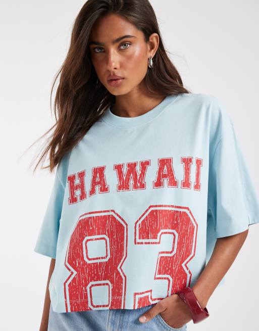 ASOS DESIGN - T-shirt corta squadrata blu con grafica "Hawaii Sport", 2 di 4