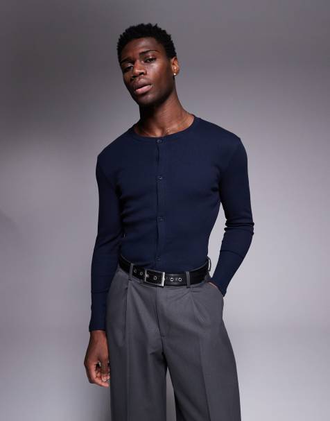 ASOS DESIGN - T-shirt côtelé coupe carrée près du corps à manches longues et boutons - Bleu marine - view 1