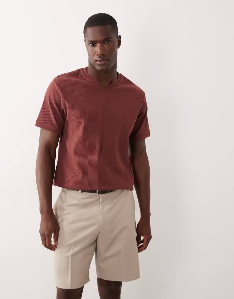 ASOS DESIGN - T-shirt côtelé épais coupe classique à col cranté - Bordeaux - view 1