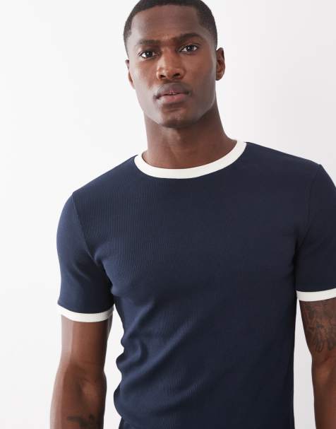 ASOS DESIGN - T-shirt côtelé moulant à bords contrastants - Bleu marine - view 1