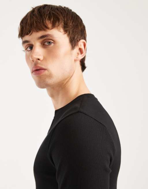 ASOS DESIGN - T-shirt côtelé moulant à manches longues et col cranté - Noir  , 4 de 5