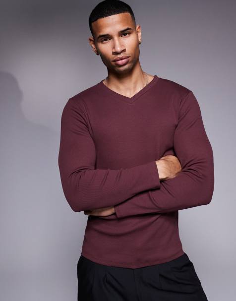 ASOS DESIGN - T-shirt côtelé moulant à manches longues et col V - Marron - view 1