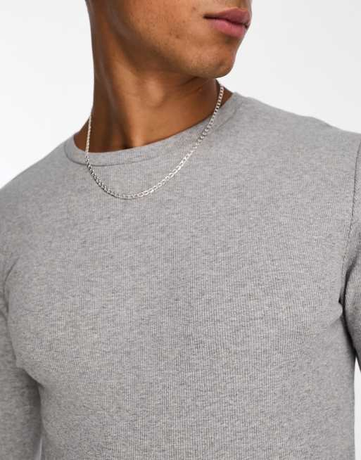 ASOS DESIGN - T-shirt côtelé moulant à manches longues - Gris chiné, 3 de 4