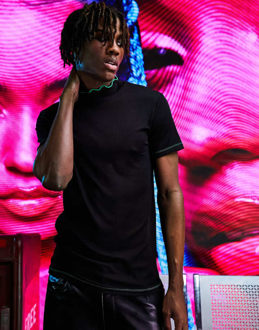 ASOS DESIGN - T-shirt côtelé moulant avec bord ondulé vert contrastant - Noir