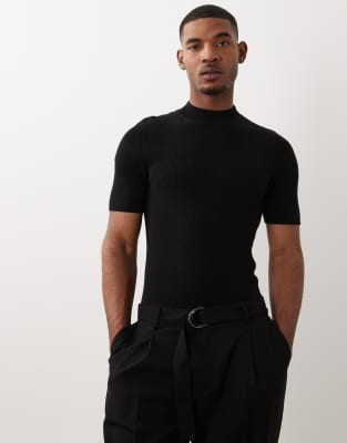 ASOS DESIGN - T-shirt côtelé moulant en maille de coton mélangé avec col roulé - Noir