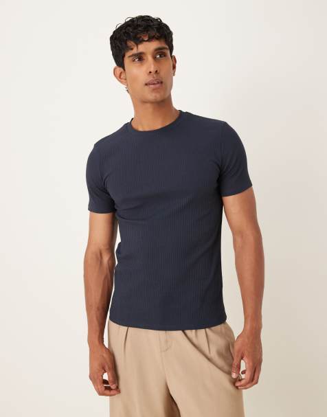 ASOS DESIGN - T-shirt côtelé moulant en tissu ultra épais - Marine - view 1