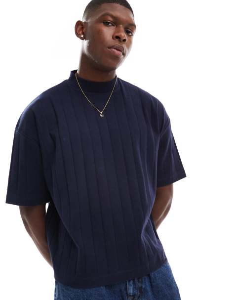 ASOS DESIGN - T-shirt côtelé oversize coupe carrée à col montant - Bleu marine - view 1