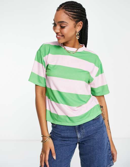 ASOS DESIGN - T-shirt coupe carrée à rayures - Vert/rose