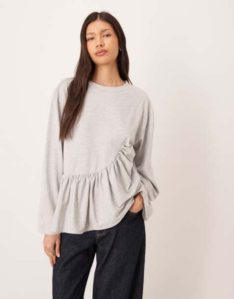 ASOS DESIGN - T-shirt coupe carrée avec manches longues et ourlet à basque asymétrique - Gris chiné - view 1