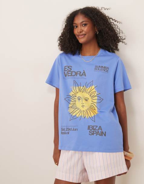 ASOS DESIGN - T-shirt coupe carrée avec motif Es Vedra et soleil - Bleu - view 1