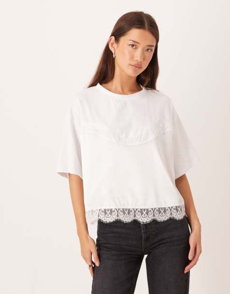 ASOS DESIGN - T-shirt coupe carrée courte avec détail en dentelle - Blanc - view 1