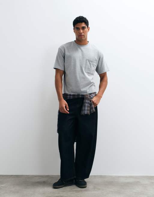 ASOS DESIGN t-shirt coupe carrée décontracté avec poche et bords francs en gris chiné, 3 de 5