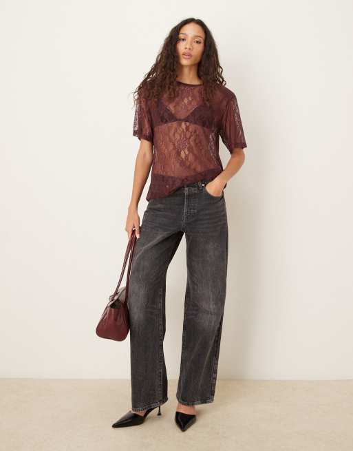 ASOS DESIGN - T-shirt coupe carrée en dentelle transparente à épaulettes - Figue, 2 de 4