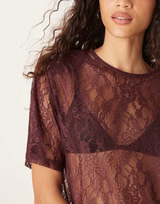 ASOS DESIGN - T-shirt coupe carrée en dentelle transparente à épaulettes - Figue, 3 de 4