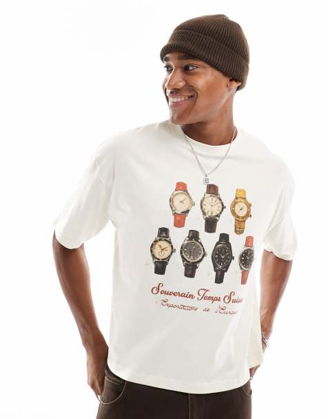 ASOS DESIGN - T-shirt coupe carrée oversize à imprimé montres - Blanc cassé - view 1