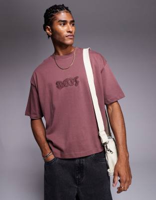 ASOS DESIGN - T-shirt coupe carrée oversize avec imprimé texte - Marron