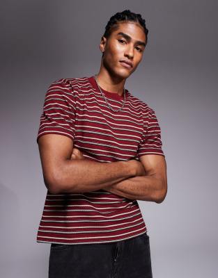 ASOS DESIGN - T-shirt coupe carrée texturé à rayures - Bordeaux-Multicolore