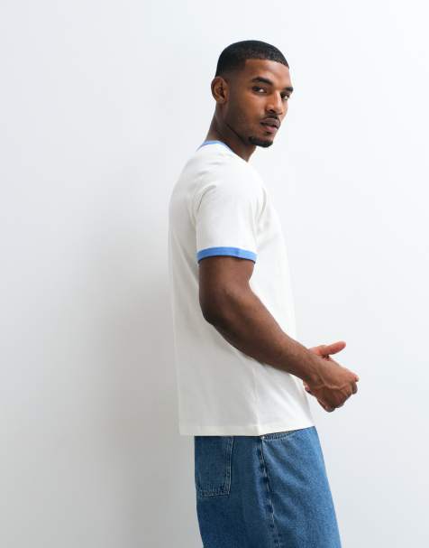 ASOS DESIGN - T-shirt coupe classique à bords contrastants - Crème et bleu - view 1