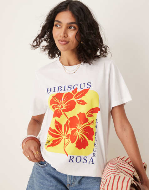 ASOS DESIGN - T-shirt coupe classique à imprimé fleurs et Hibiscus - Blanc - view 1