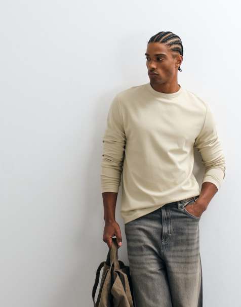 ASOS DESIGN - T-shirt coupe classique en coton mélangé épais à manches longues - Taupe - view 1