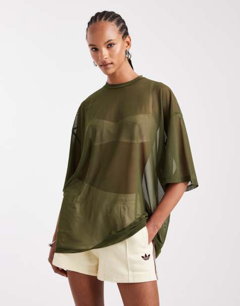 ASOS DESIGN - T-shirt coupe oversize longue en tulle - Kaki - view 1