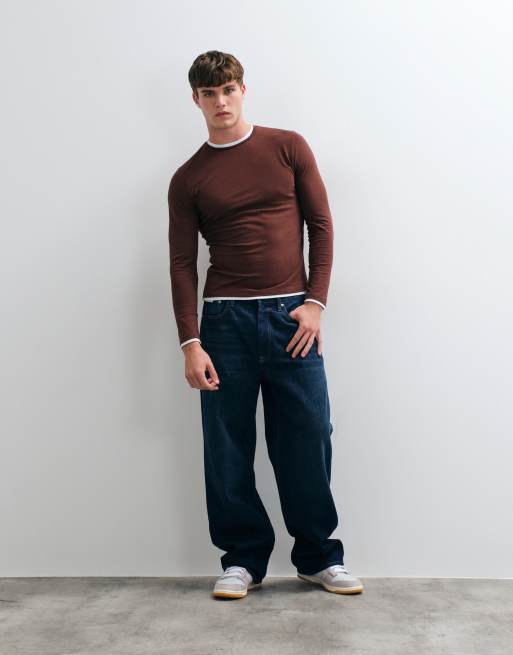 ASOS DESIGN t-shirt coupe slim à manches longues à double épaisseur marron, 3 de 5